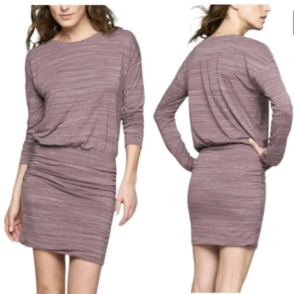 Athleta brown knit rouched fitted Dress S-M athleisure